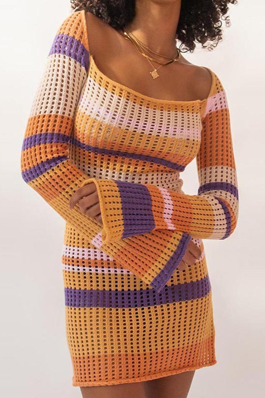 Striped Knit Cut Out Mini Bodycon Sweater Dress