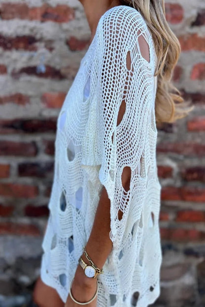 Solid Color Loose-fitting Openwork Casual Knit Top