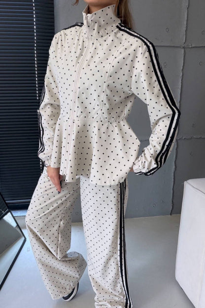 Polka Dot Peplum Tracksuit Two‑Piece Set