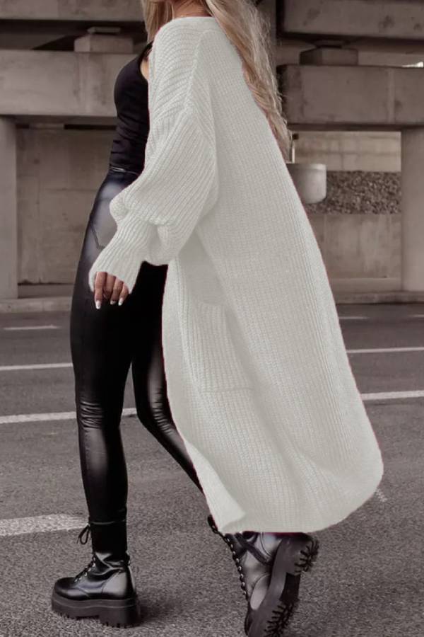 Lantern sleeve loose long knit cardigan