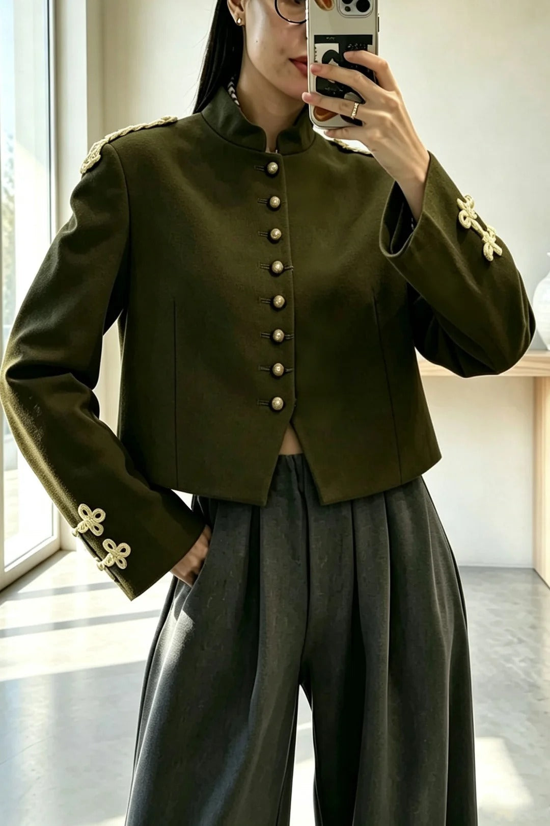 Napoleon Style Retro Rope Knot Decoration Stand Neck Long Sleeve Suit Jacket