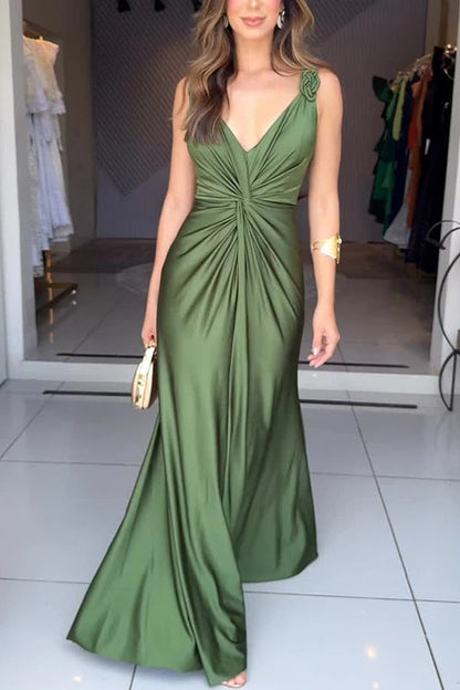 Glow Together Satin Knot Design Shoulder Strap Sleeveless Drape Slit Maxi Dress