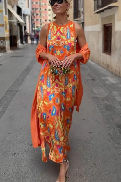 Riviera Unique Print Slit Tank Midi Dress and Satin Kimono Cover-up Two Pieces Set