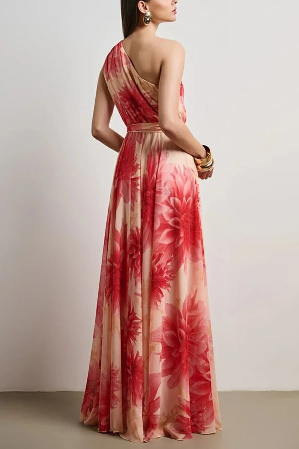 Floral Print One Shoulder Waist Tie Full Hem Resort Style Maxi Dress
