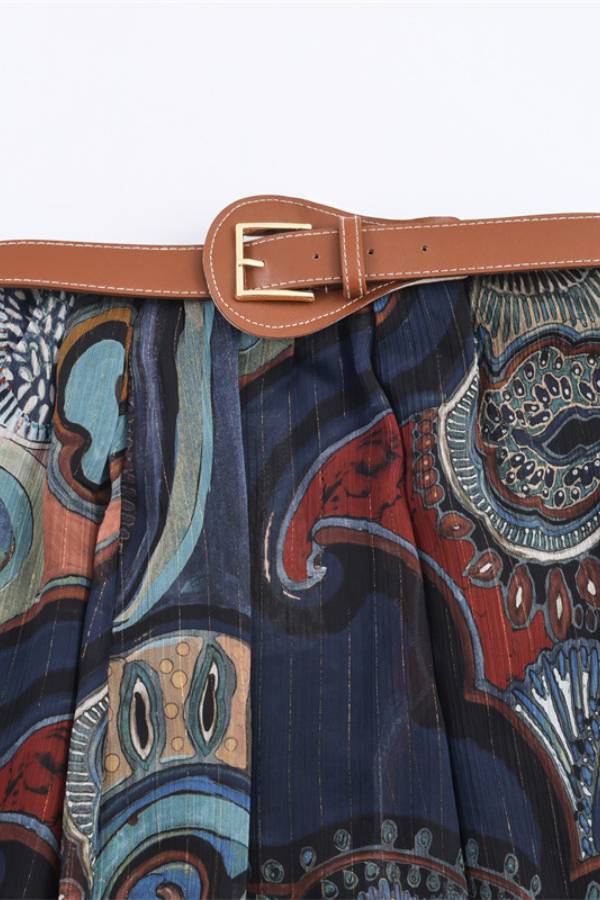 Retro Paisley Print Belted A-Line Skirt