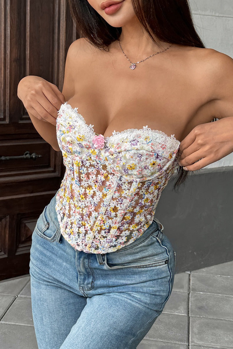 Floral Embroidery Boned Sheer Corset Tube Top