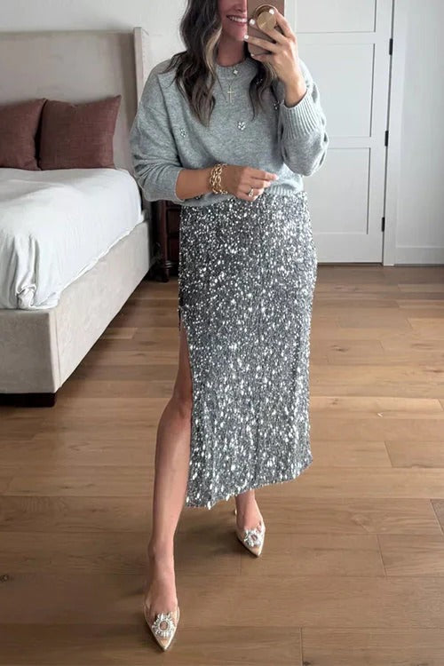 Side Slit Glitter Sequin Midi Skirt