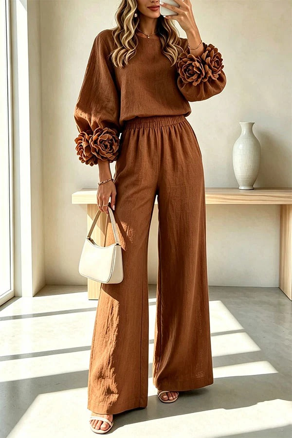 Linen Blend Floral Cuffs Sleeve Top and Elastic Waist Pocket Pants Set