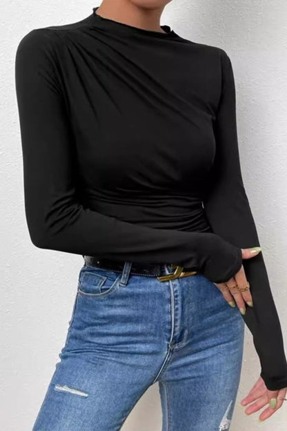 Solid Ruched Slim Fit Long Sleeve Tee