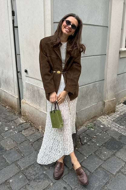 Brown Single-Breasted Suede Blazer