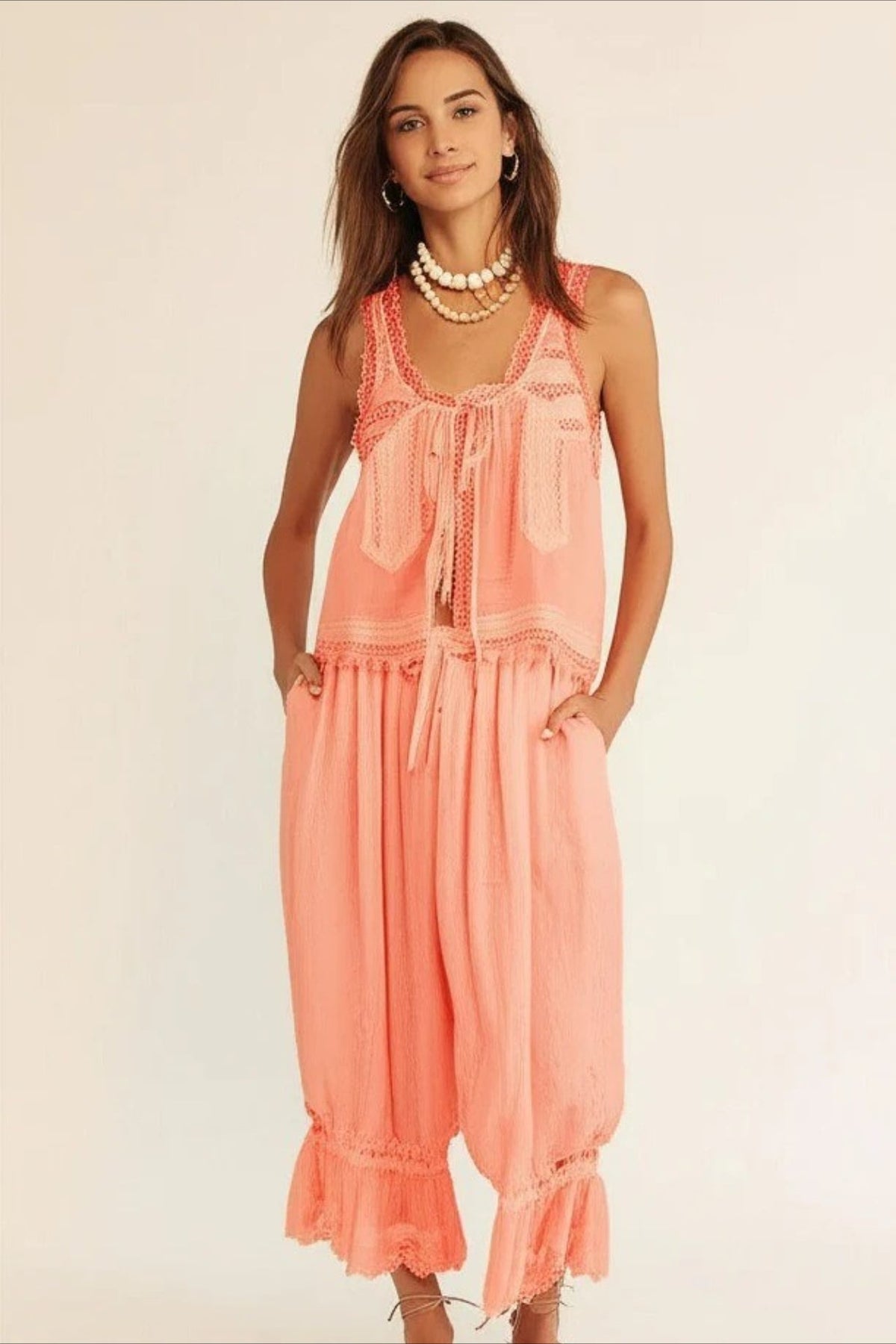 Patchwork Lace Sleeveless Top Boho Pants Set