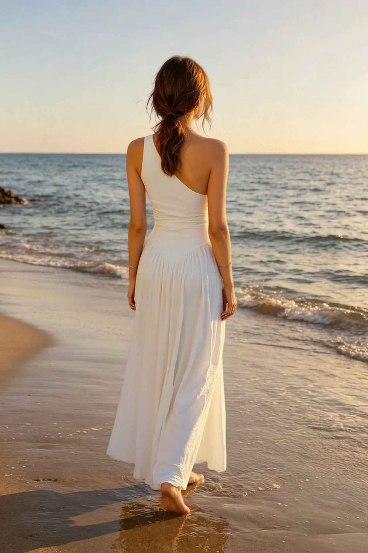 Solid One Shoulder Ruched Maxi A Line Party Dress