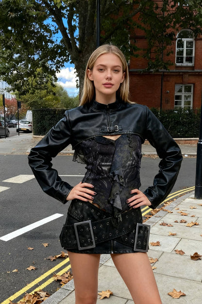 Grunge Cross Belt Faux Leather Mini Skirt