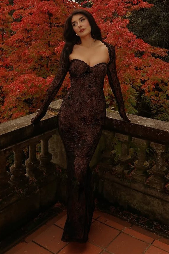Lace Long Sleeve Crop Top Bodycon Floral Dress Set