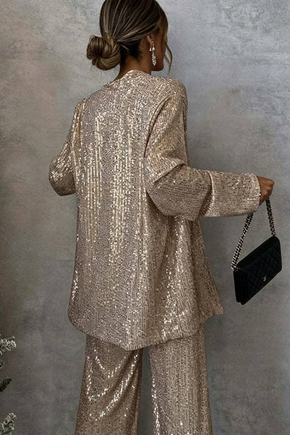 Party Scene Sequin Open Front Long Sleeve Drape Coat