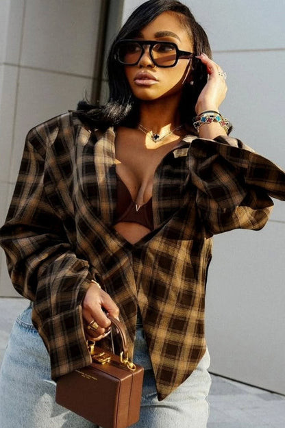 Plaid Collared Asymmetric Loose Chic Short Sleeve Blouse