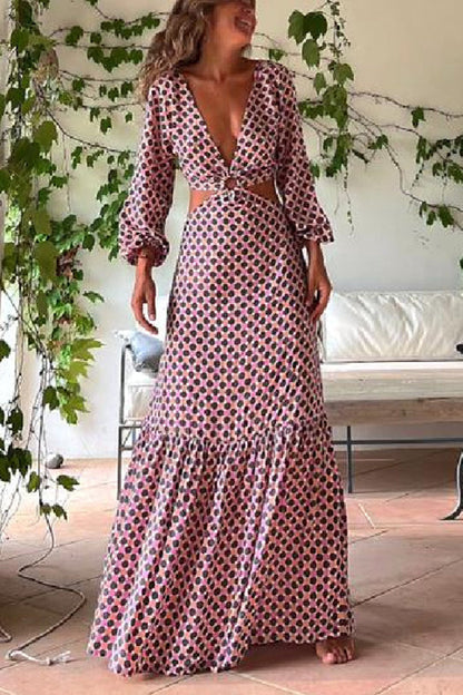 Geometric Print Deep V-Neck Balloon Sleeve O-Ring Waist Cut Out Maxi Dress
