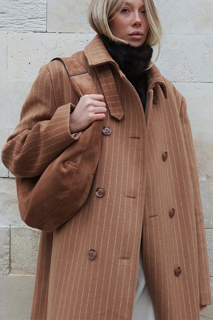 Vintage Pinstripe Notch Collar Long Wool Overcoat