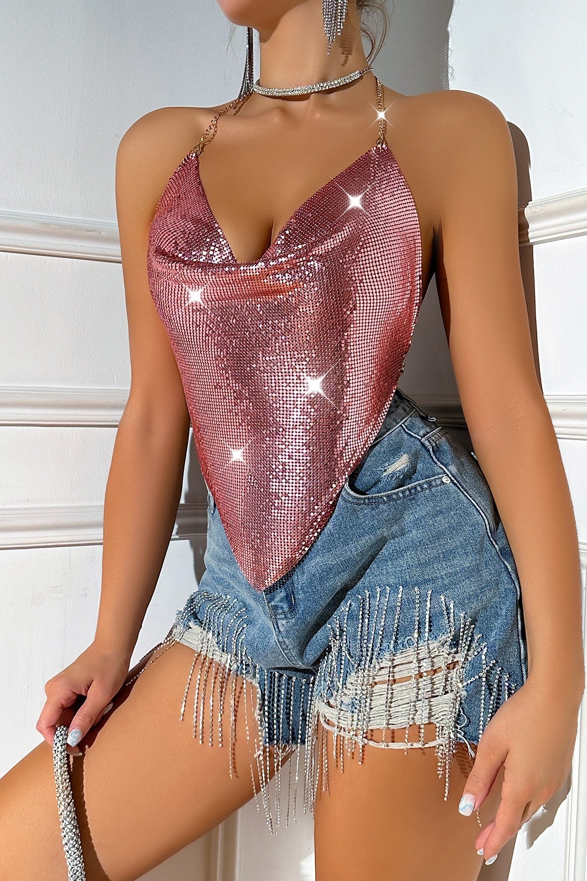 Metal Chain Backless Sequin Bustier Halter Top