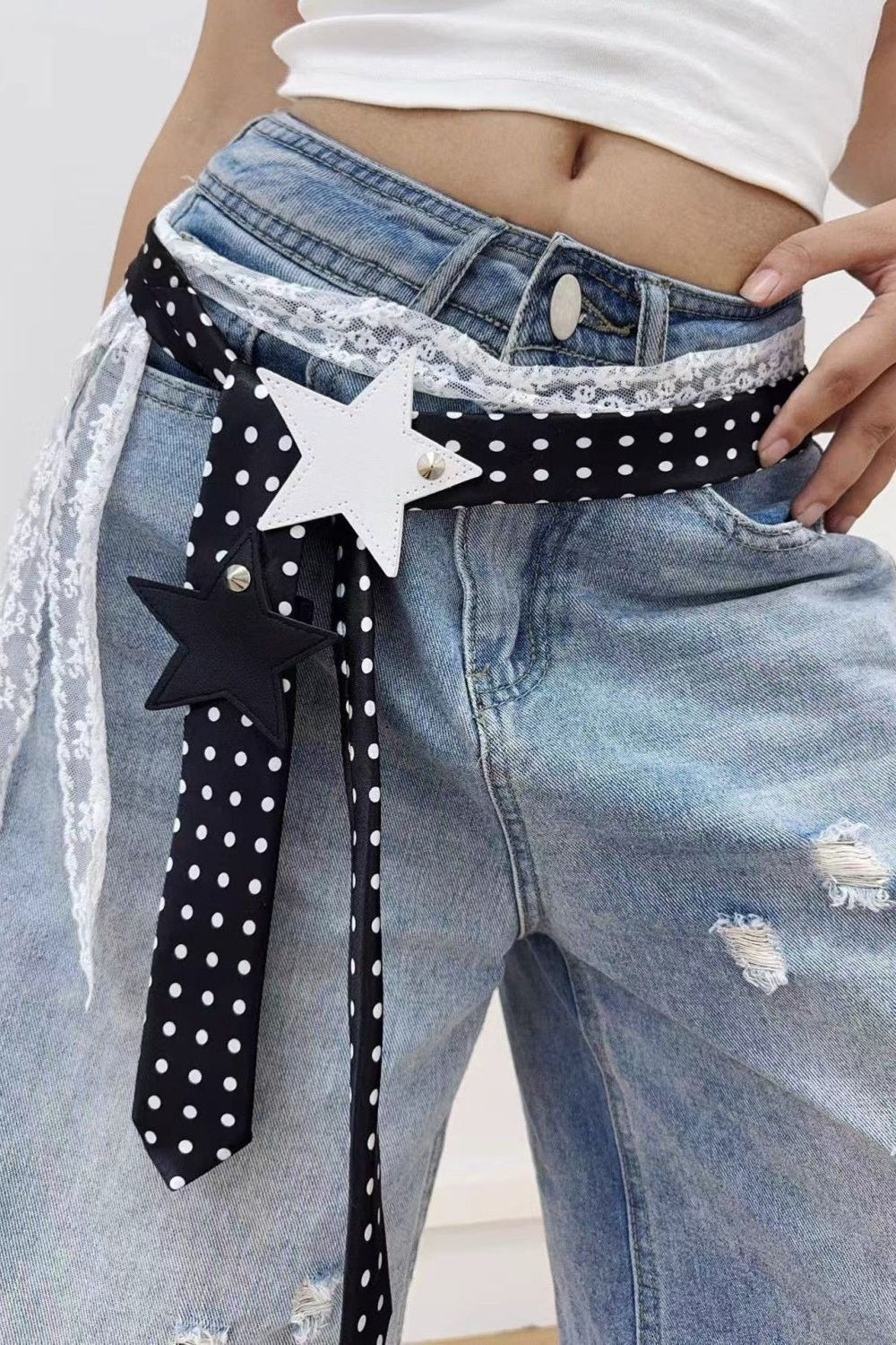 Retro Polka Dot Scarf Lace Two Piece Belt Set