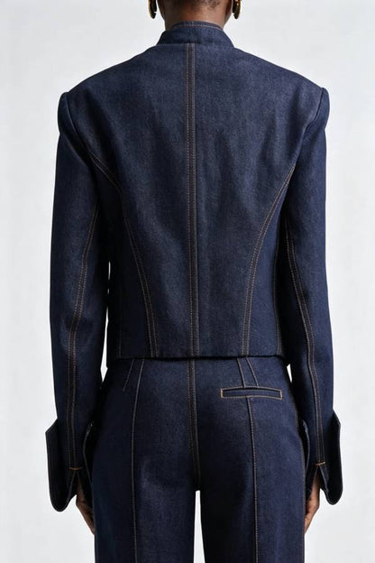 Cowgirl Club Denim Stand Neck Flare Sleeve Metal Buttons Long Sleeve Jacket