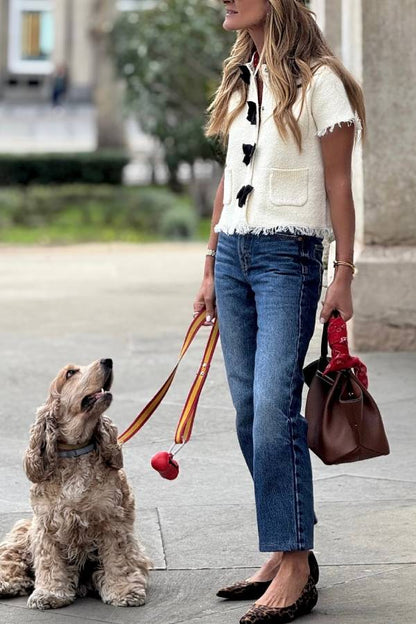 Tweed Cropped Short‑Sleeve Jacket With Bow Details