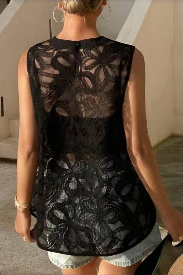 3D Floral Hollow Lace Irregular Sleeveless Tank Cover Up