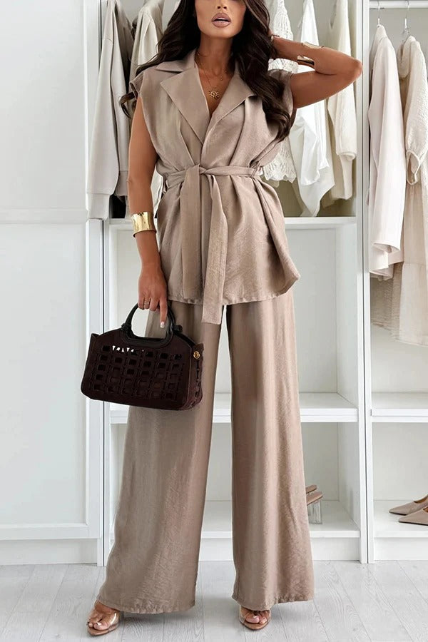 Darla Linen Blend Sleeveless Tie-up Lapel Top and Elastic Waist Wide Leg Pants Set