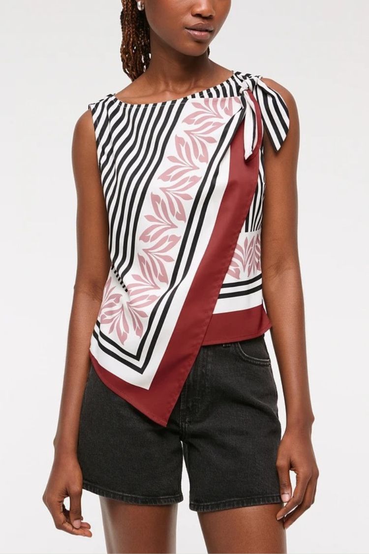 Gracie Unique Print Knotted Scarf Top and Elastic Waist Pocketed Loose Pants Set