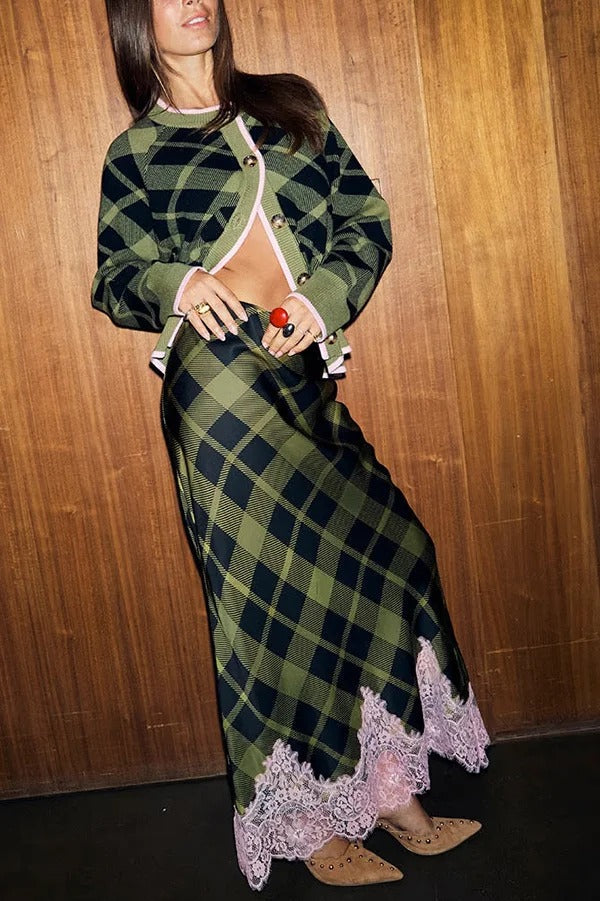 Holiday plaid Satin Unique Print Patchwork Lace Stretch Waist Draped Maxi Skirt
