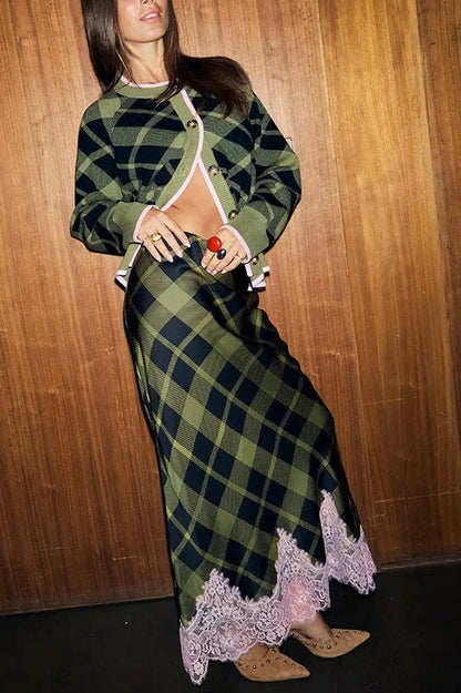 Holiday plaid Satin Unique Print Patchwork Lace Stretch Waist Draped Maxi Skirt