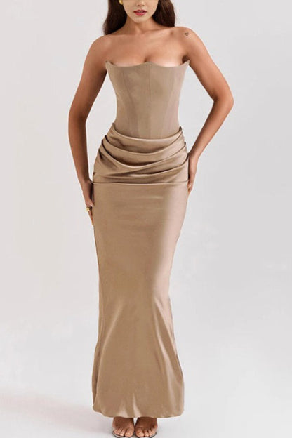 Satin Ruched Strapless Bodycon Dress