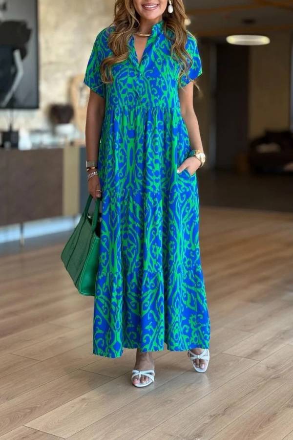 Ethnic Print V-Neck Short Sleeve Tiered Flowy Maxi Dress