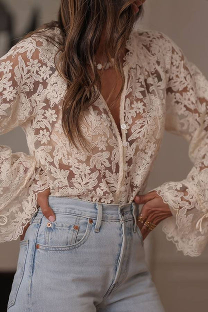 Lace V-neck Bell Sleeve Sheer Shirt