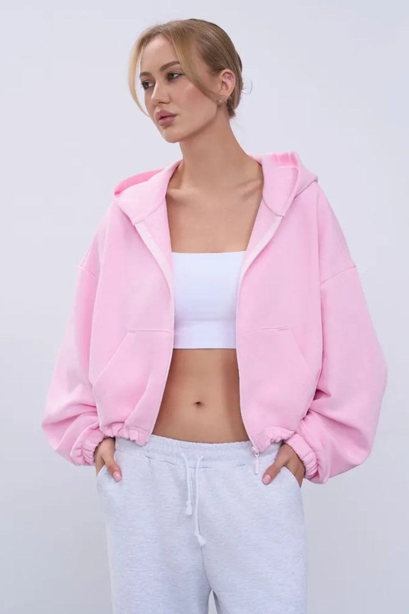 Cropped Fleece Zip Adjustable Waist Hoodie