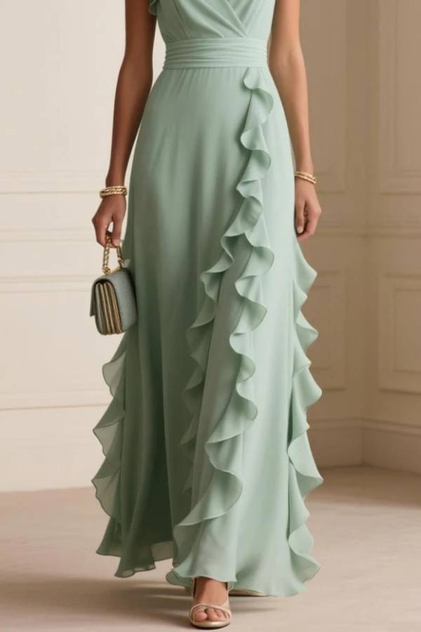 V-Neck Flutter Sleeve Wrap Side Ruffle Chiffon Maxi Bridesmaid Dress