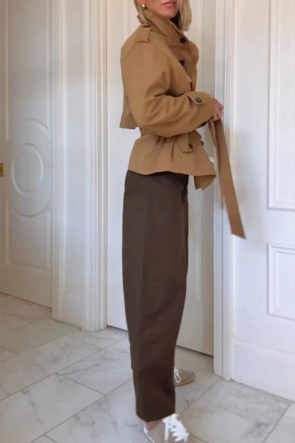 Camel tie waist short trench coat