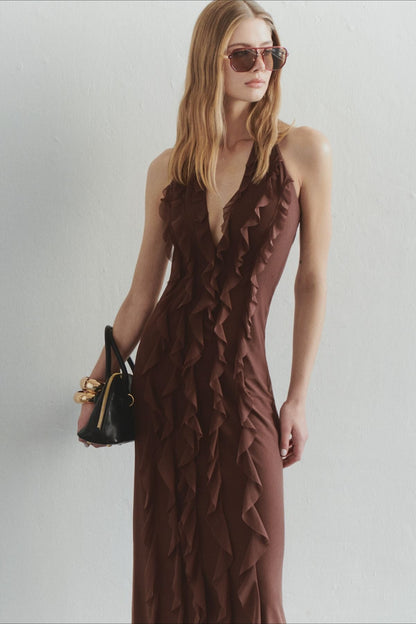 Solid Halter Deep V Back Lace Detail Long Prom Dress