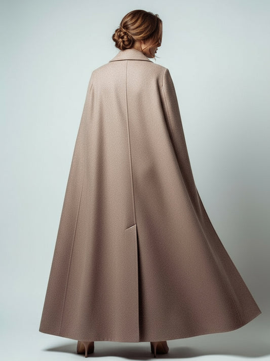 Maxi Double-breasted Woolen Coat With Detachable Cape And Belt For Women 2026