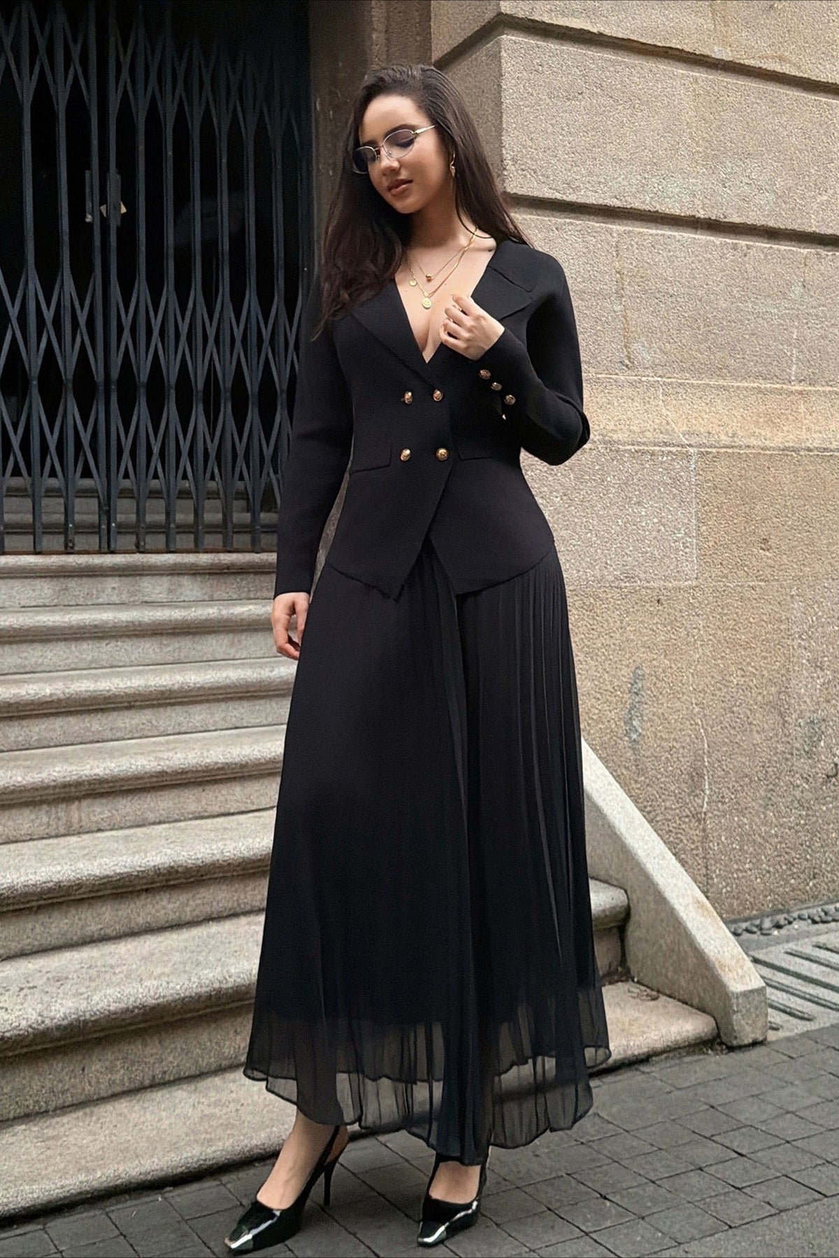 V Neck Double Breasted Knit Blazer Pleated Skirt Set