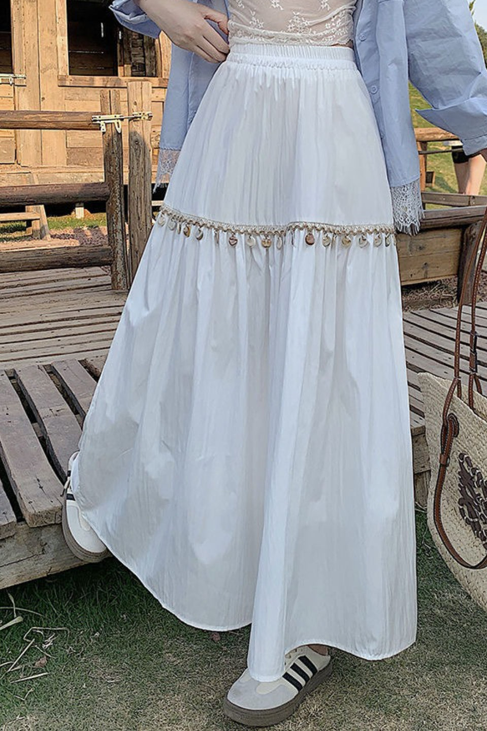 Minimal Shell Detail Fringe Patchwork Boho Skirt