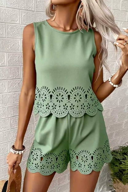 Multi-Color Cutwork Lace Trim Sleeveless Top & Shorts Set