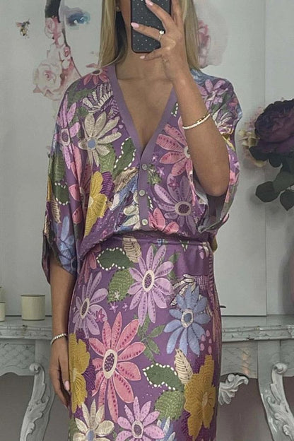 Satin Floral Print V-neck Half-sleeve Loose Top and Elegant Maxi Skirt Set