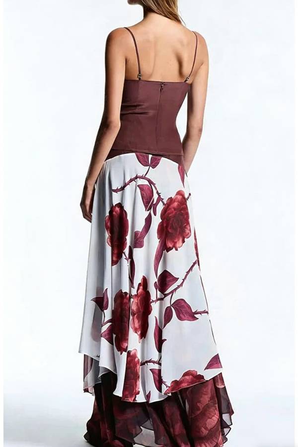Euro Vacay Chiffon Damask Rose Print Slip Top and High Rise Double-layered Hem Maxi Skirt Set