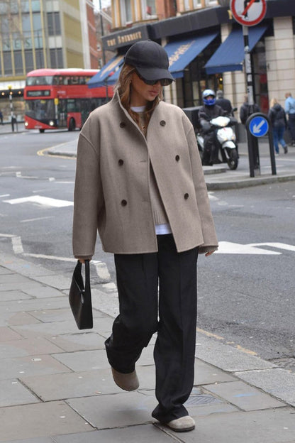 Brown Double Breasted Wool Blend Coat