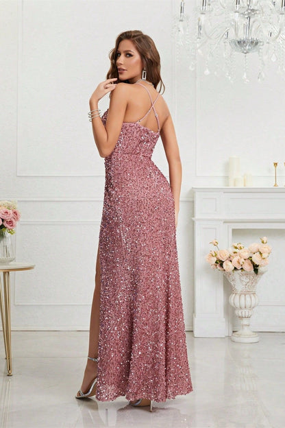 V Neck Slit Sequin Slip Prom Dress
