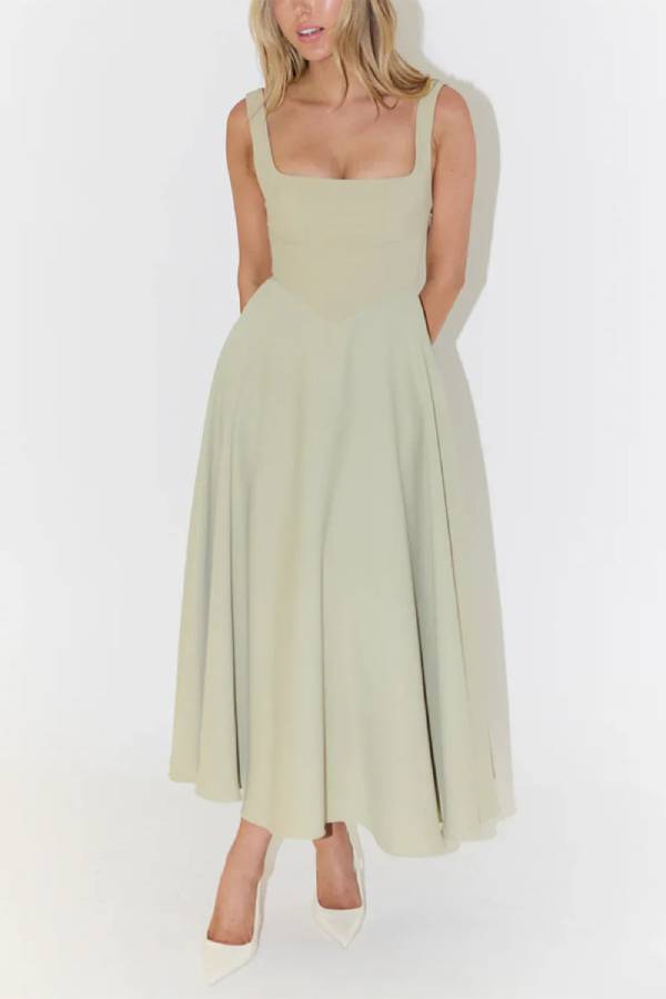 Multi-Color Square-Neck Fit-and-Flare Midi Dress