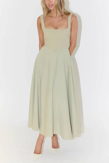 Multi-Color Square-Neck Fit-and-Flare Midi Dress