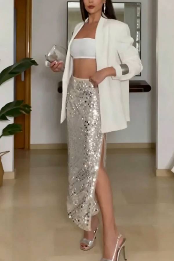 Multiple Ways To Wear Sequin Side Slit Lace-up Irregular Hem Midi Skirt