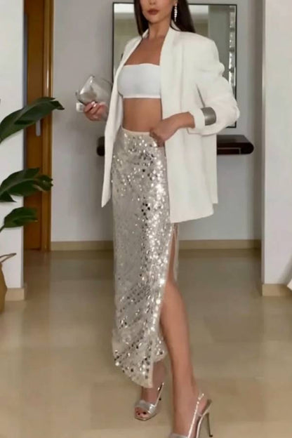 Multiple Ways To Wear Sequin Side Slit Lace-up Irregular Hem Midi Skirt